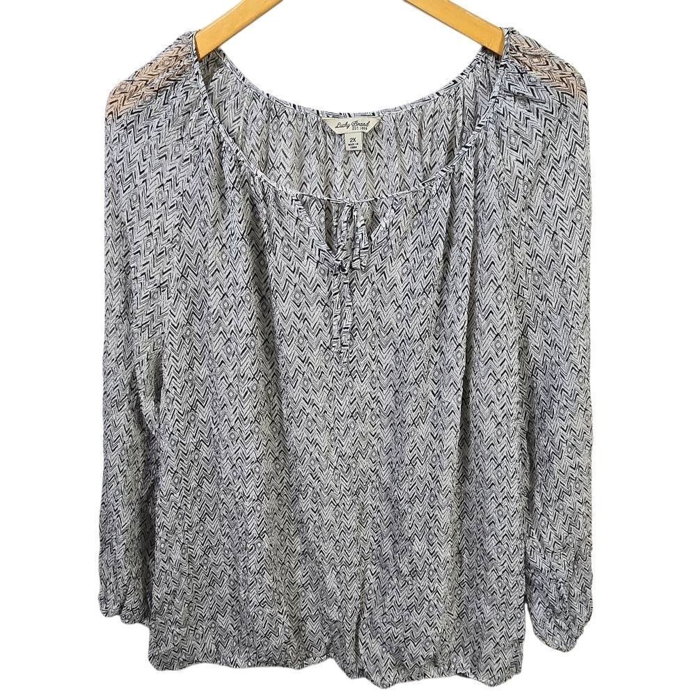 Lucky Brand Black & White Chevron Silk Blouse Size 2x